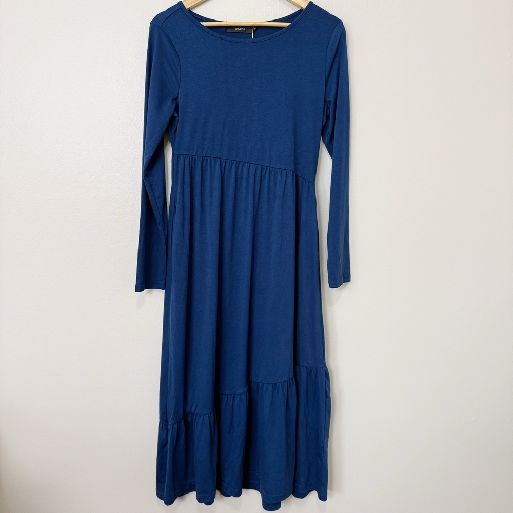 Haeof Womens Blue Long Sleeve Tiered Midi Dress Pockets Casual Stretch Size S